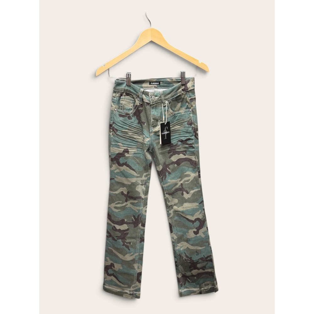 Flamingals Women Camo Denim Pants XS Green Camouflage Straight Leg Jeans NWT